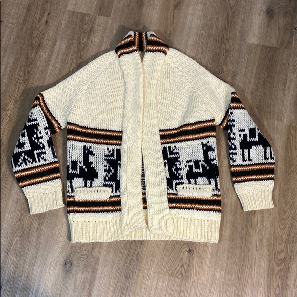 Other - VTG 1970s Southwestern Open Front Sweater Shawl Cardigan Llamas Wool